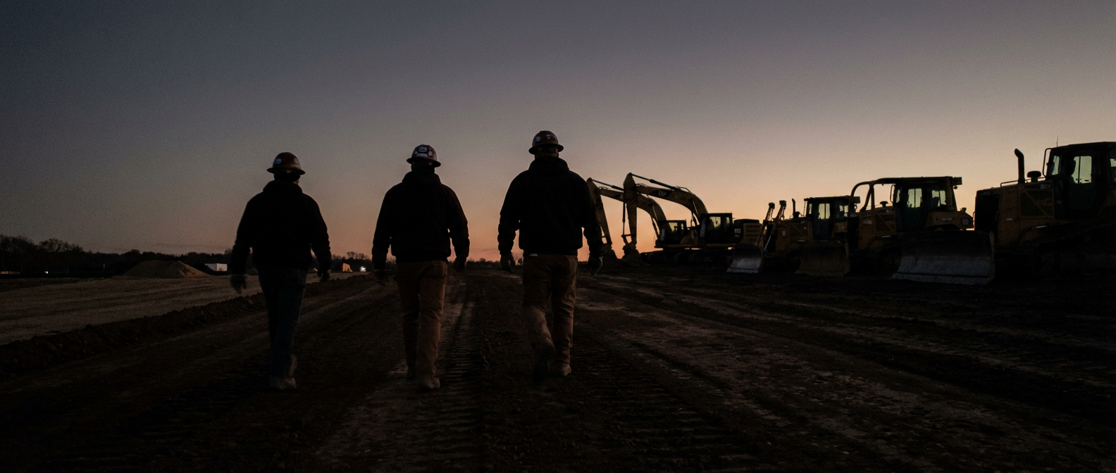 Three Grabowski crew members in hard hats walking off a jobsite at dusk.
