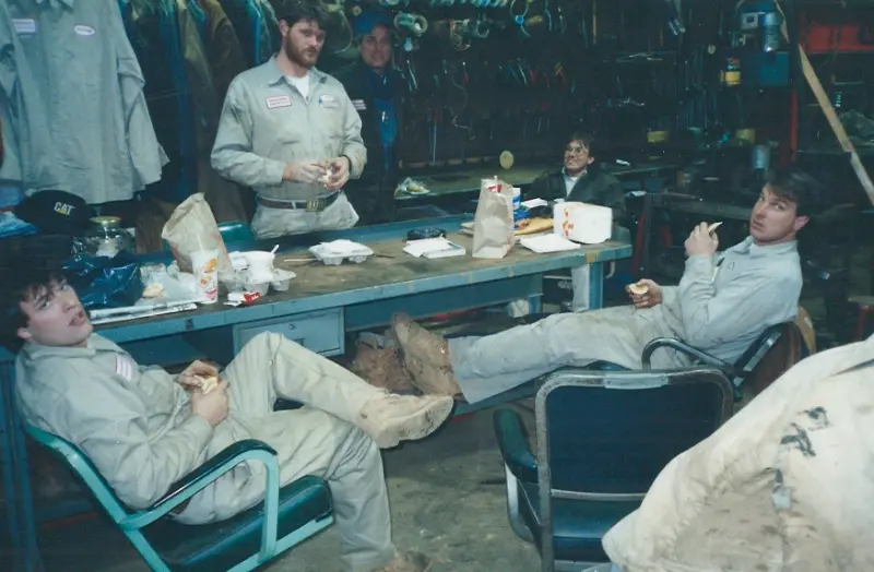 Crew taking a lunch break inside the West Orange shop.